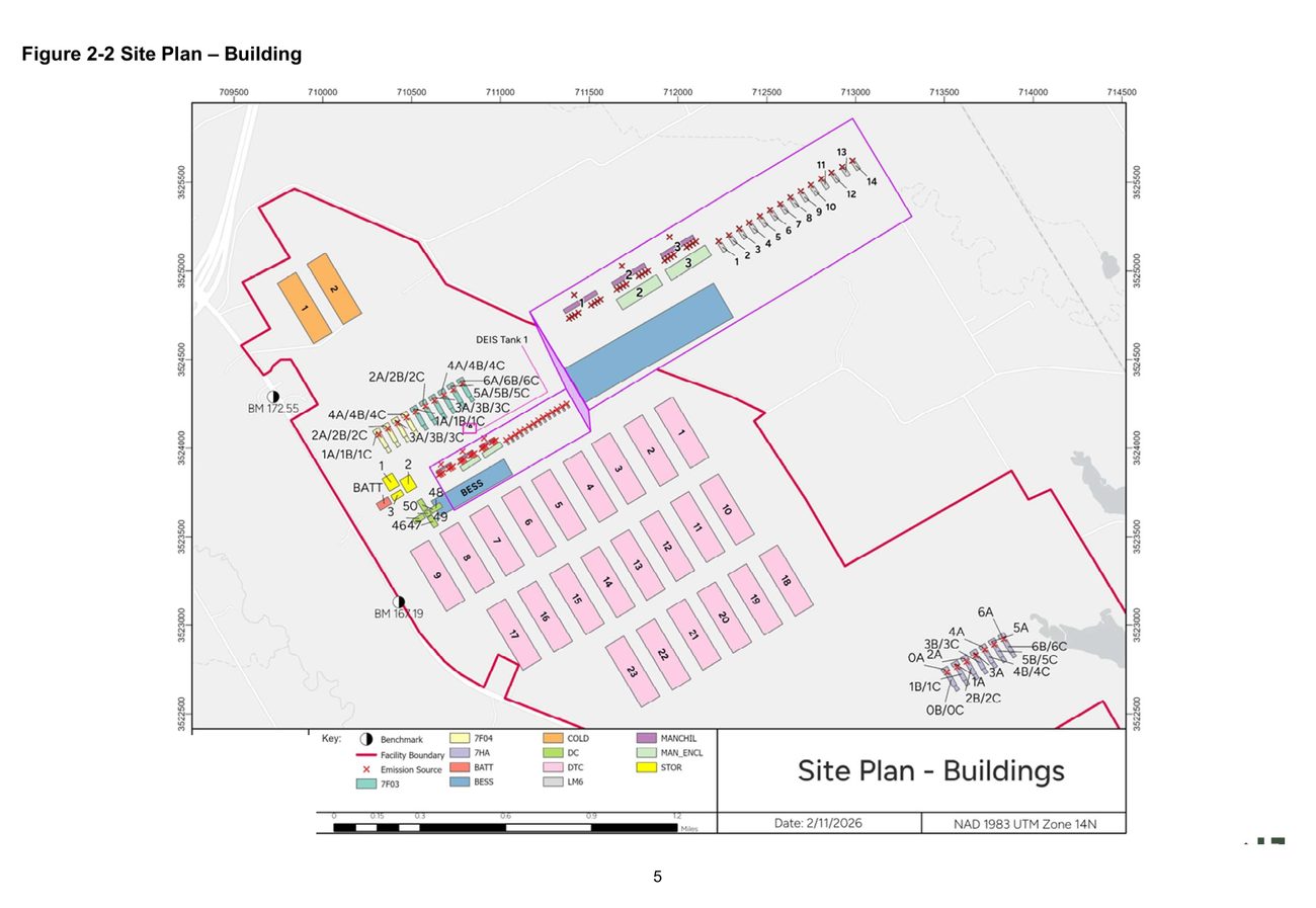 Site plan of the proposed Hubbard facility showing the facility boundary, power-block, combustion turbine rows, reciprocating engines, BESS, cold-storage area, and data-center hall buildings (DTC), plus the detached southeast cluster of CT-C 7HA.01 turbines.